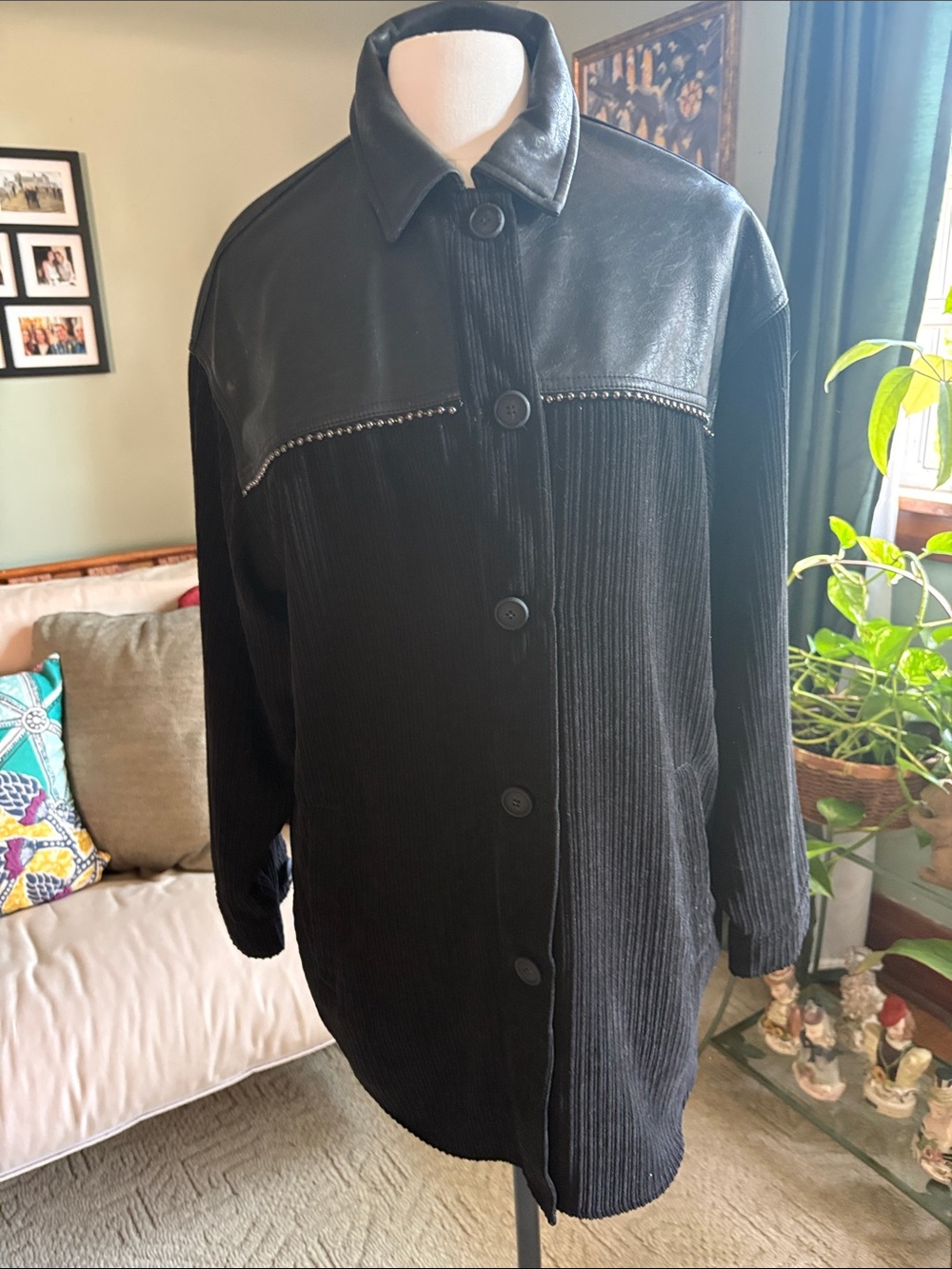 Zara Black Button-Down Corduroy Top with Faux Leather Yoke